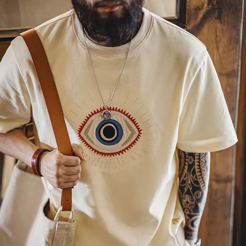 Maden Vintage Guardian Eye Embroidered T-shirt Off White Heavyweight Cotton Short Sleeved T-shirt
