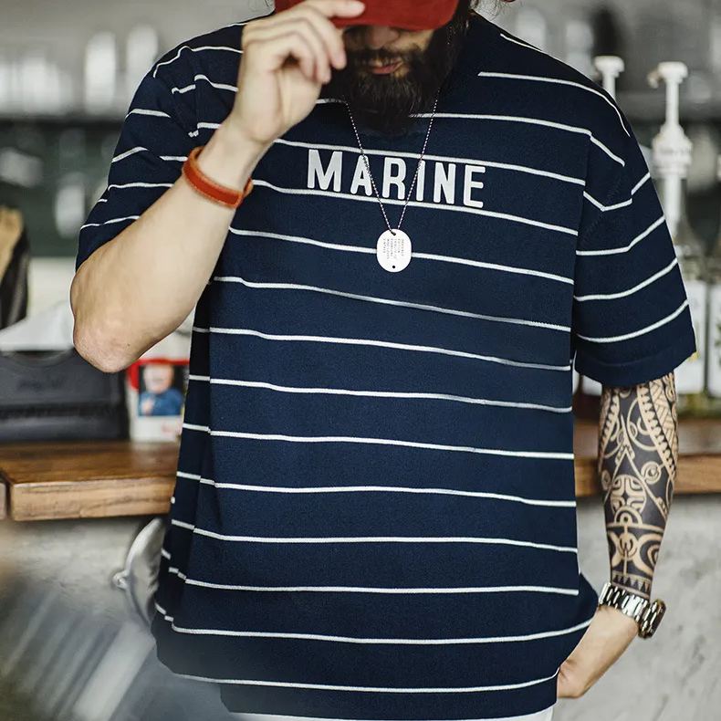 Maden Retro contrasting striped letter print half sleeved Sea Soul T-shirt