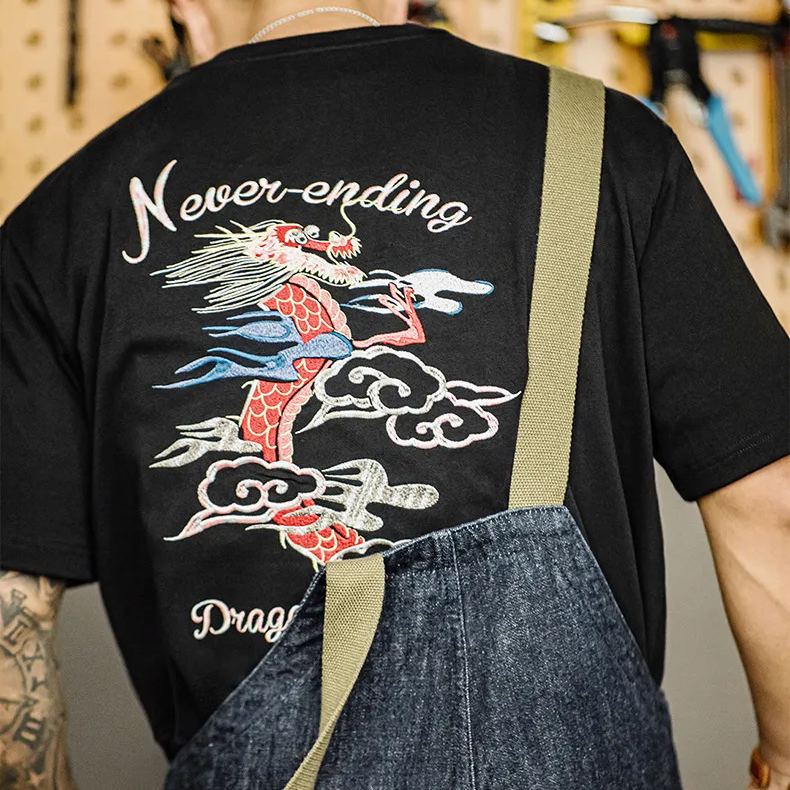 Maden Vintage Dragon Heavy Industry Embroidered T-Shirt Yokosuka Heavy Duty Cotton Short Sleeved Tee