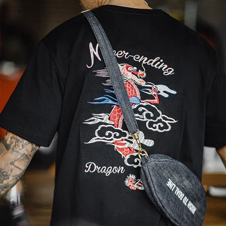 Maden Vintage Dragon Heavy Industry Embroidered T-Shirt Yokosuka Heavy Duty Cotton Short Sleeved Tee