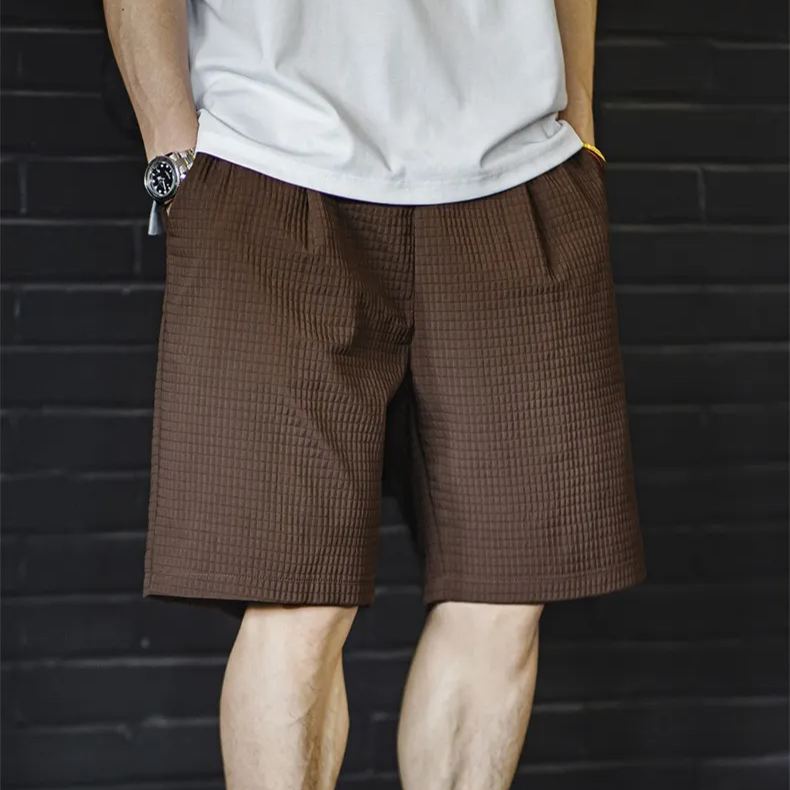 Maden casual three-dimensional small checkered silhouette shorts with a textured anti wrinkle straight leg quarterback pants