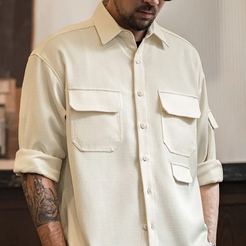 Maden casual silhouette wrinkle free long sleeved shirt with loose collar pockets, shirt jacket