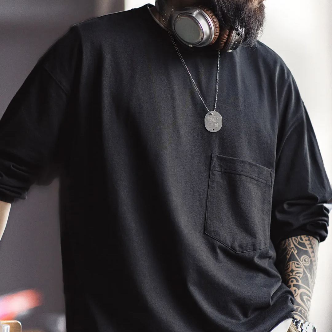 Maden casual solid color pocket long sleeved T-shirt Cityboy loose cotton inner bottom shirt