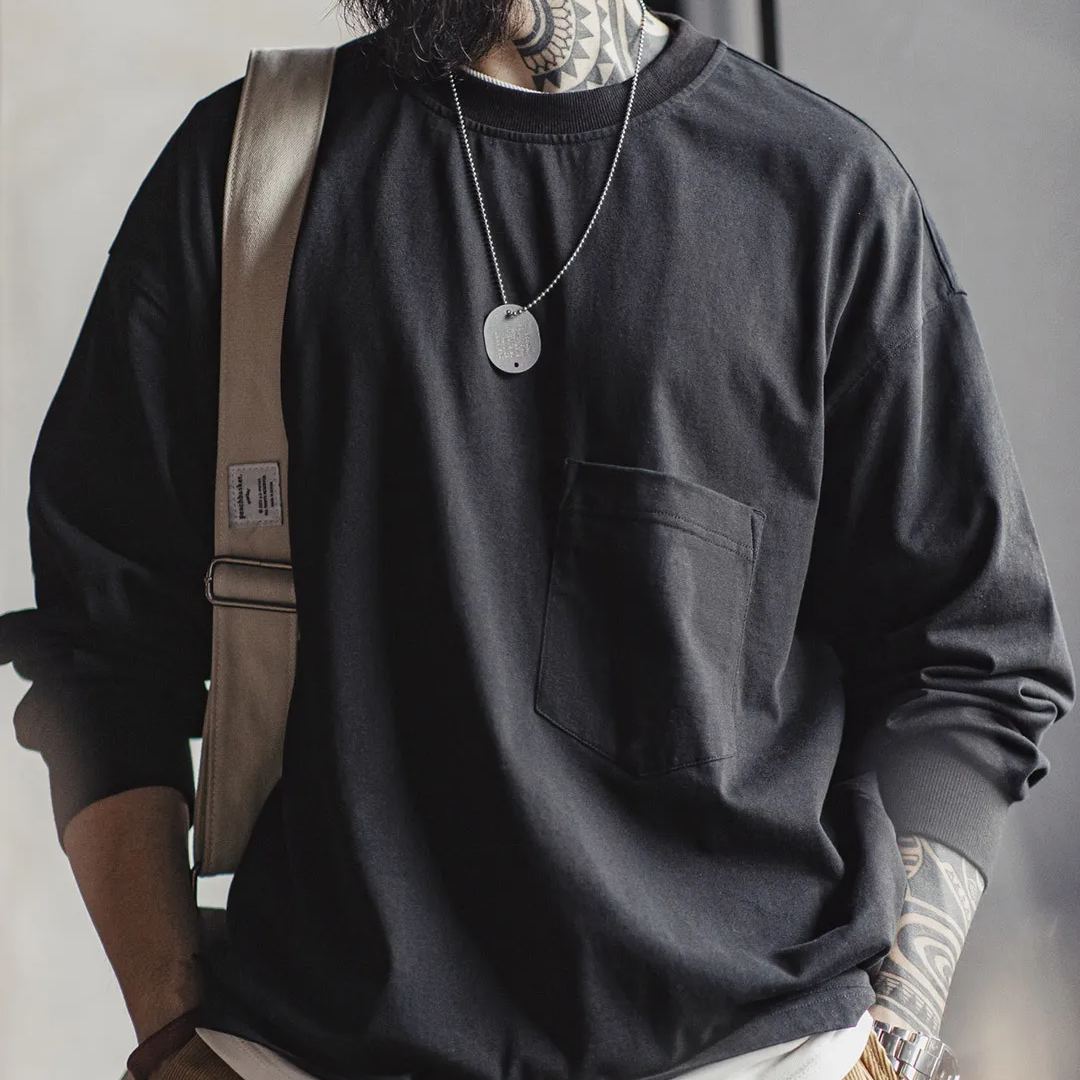 Maden casual solid color pocket long sleeved T-shirt Cityboy loose cotton inner bottom shirt