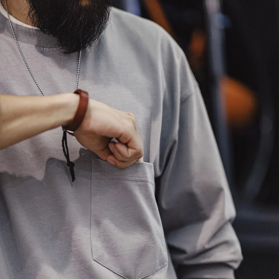 Maden casual solid color pocket long sleeved T-shirt Cityboy loose cotton inner bottom shirt