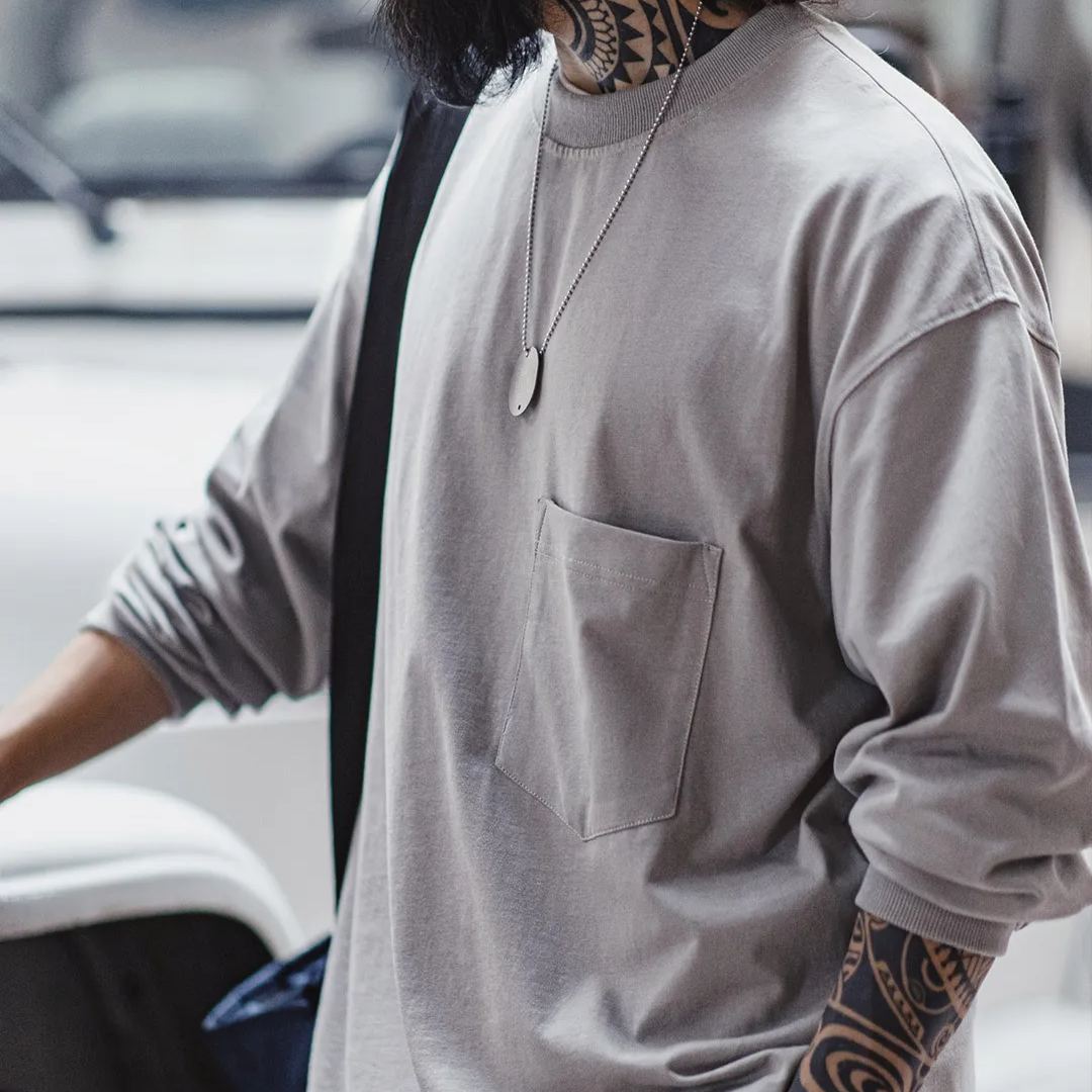 Maden casual solid color pocket long sleeved T-shirt Cityboy loose cotton inner bottom shirt