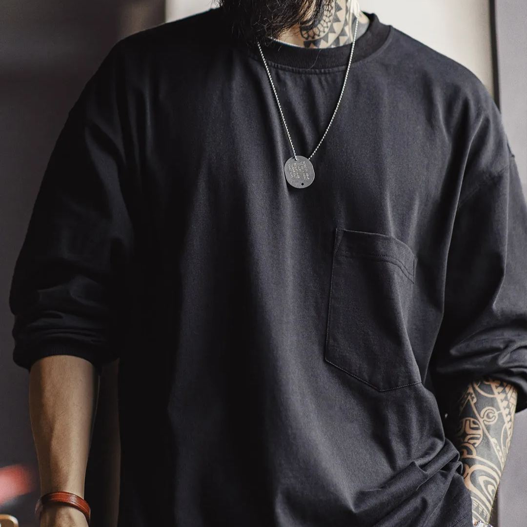 Maden casual solid color pocket long sleeved T-shirt Cityboy loose cotton inner bottom shirt