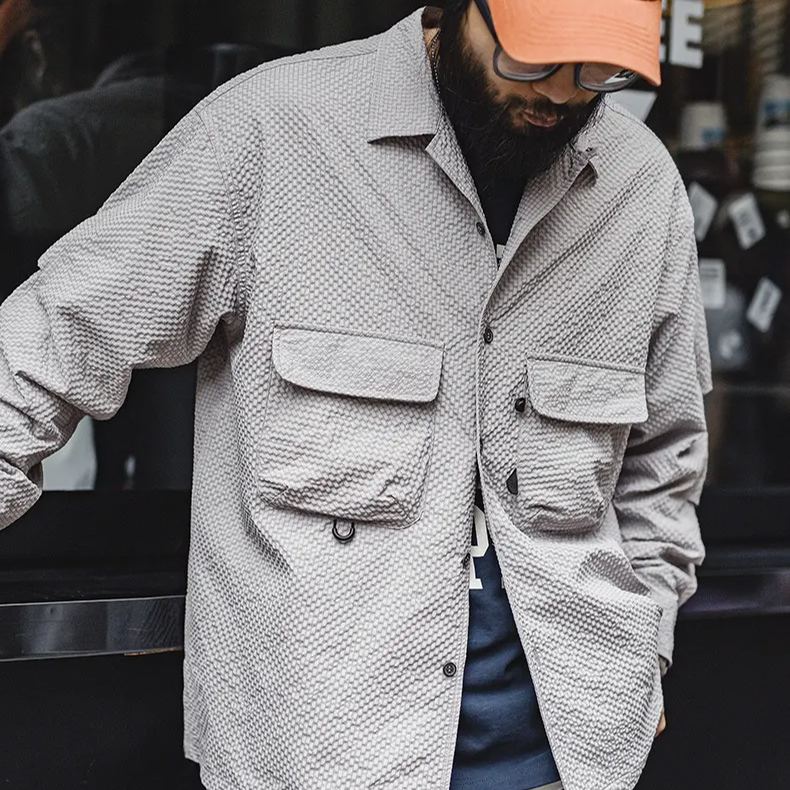 Maden Mountain style outdoor Cuban collar foam gauze, wrinkle resistant pocket, thin long sleeved shirt