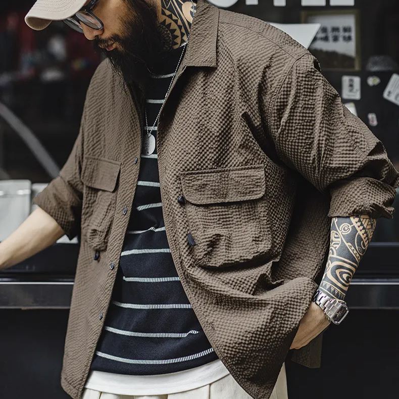 Maden Mountain style outdoor Cuban collar foam gauze, wrinkle resistant pocket, thin long sleeved shirt