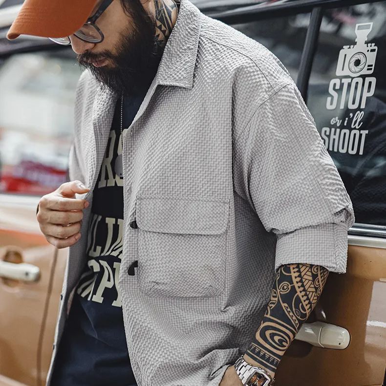 Maden Mountain style outdoor Cuban collar foam gauze, wrinkle resistant pocket, thin long sleeved shirt