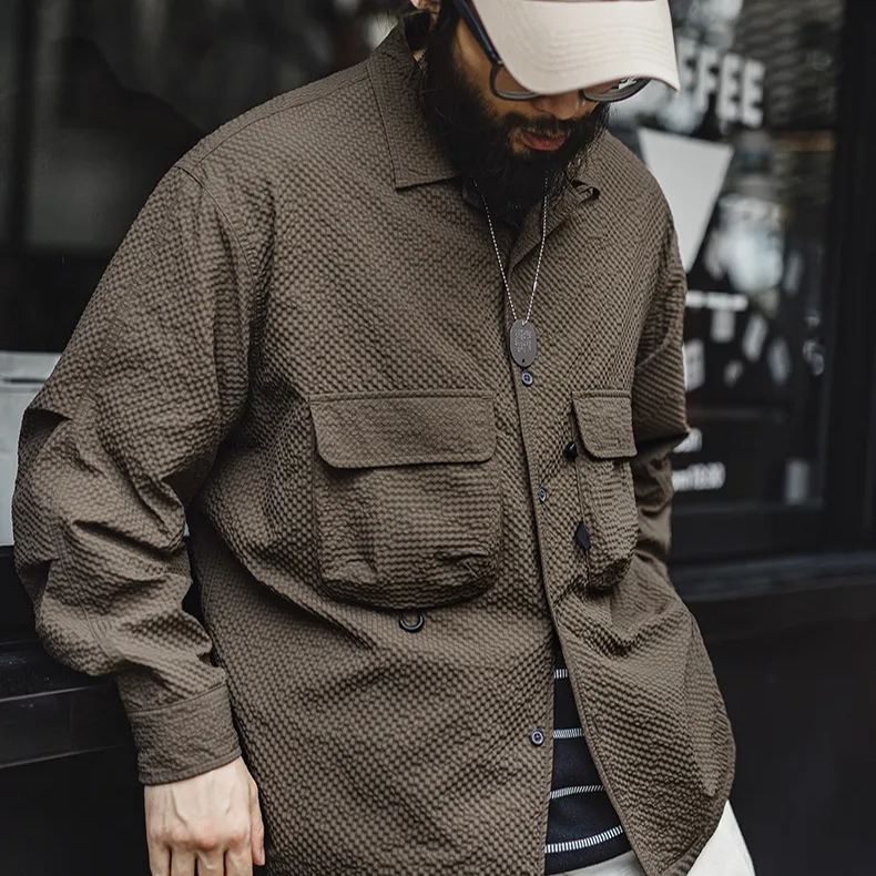 Maden Mountain style outdoor Cuban collar foam gauze, wrinkle resistant pocket, thin long sleeved shirt