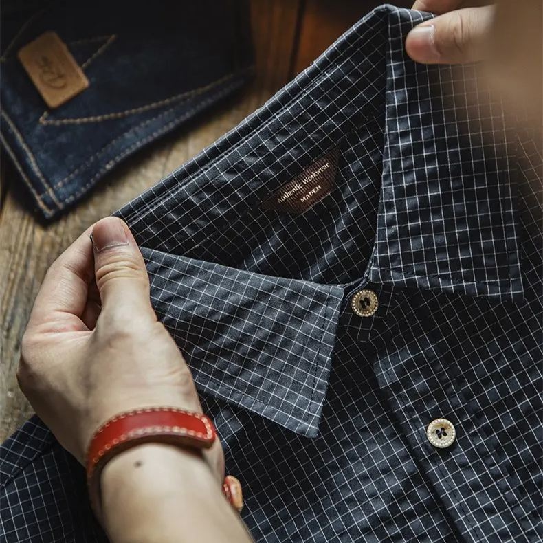 Maden retro bubble gauze plaid texture, lapel splicing long sleeved shirt jacket