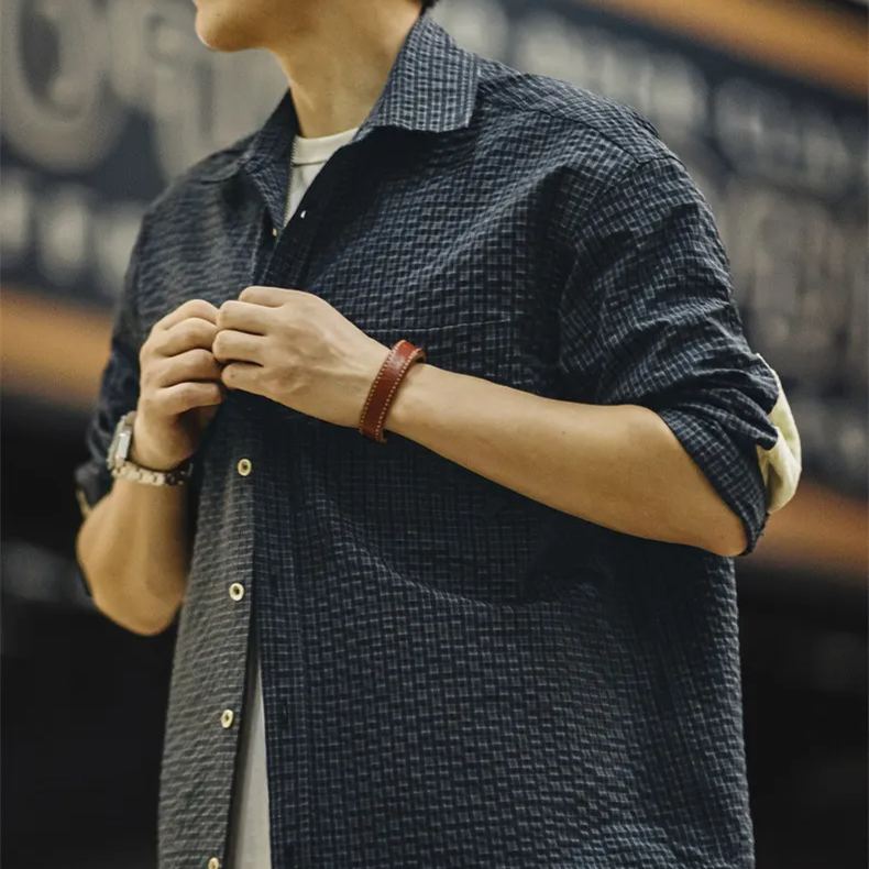 Maden retro bubble gauze plaid texture, lapel splicing long sleeved shirt jacket