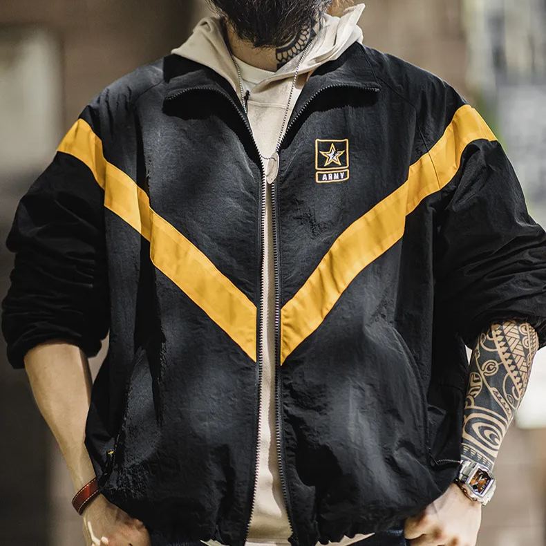 Maden Retro ARMY Training Jacket, IPFU Sports Contrast Loose Stand up Collar Jacket