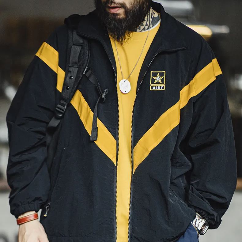 Maden Retro ARMY Training Jacket, IPFU Sports Contrast Loose Stand up Collar Jacket