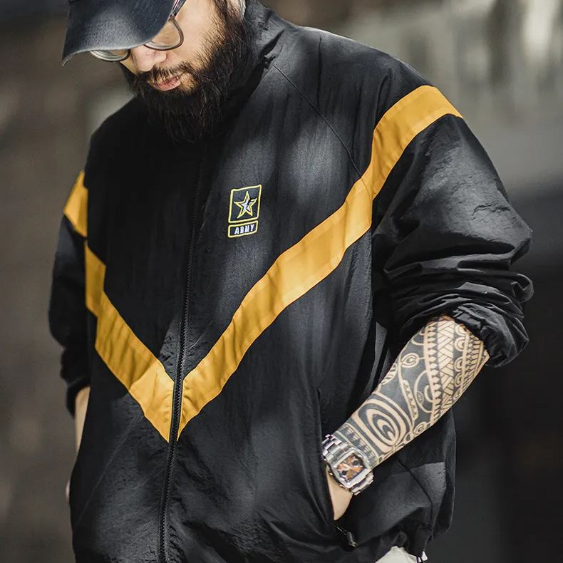 Maden Retro ARMY Training Jacket, IPFU Sports Contrast Loose Stand up Collar Jacket