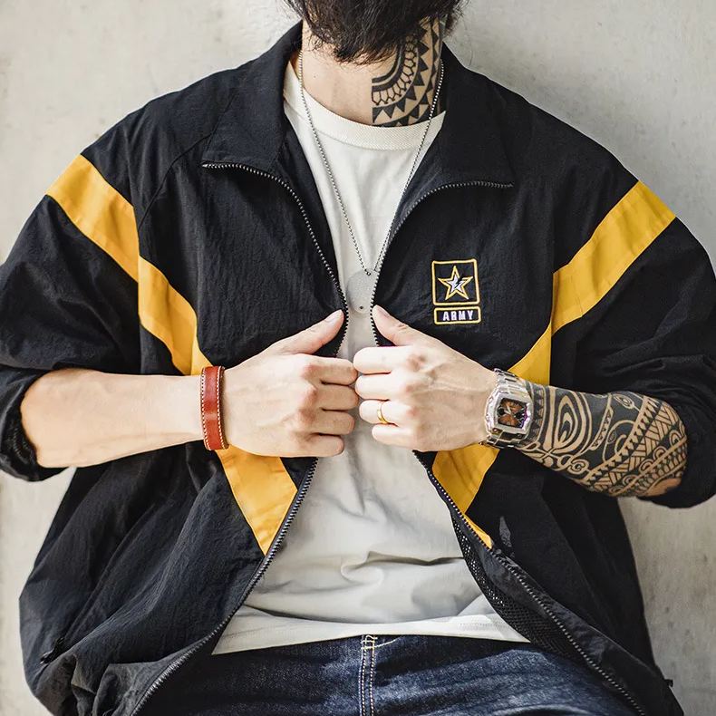 Maden Retro ARMY Training Jacket, IPFU Sports Contrast Loose Stand up Collar Jacket