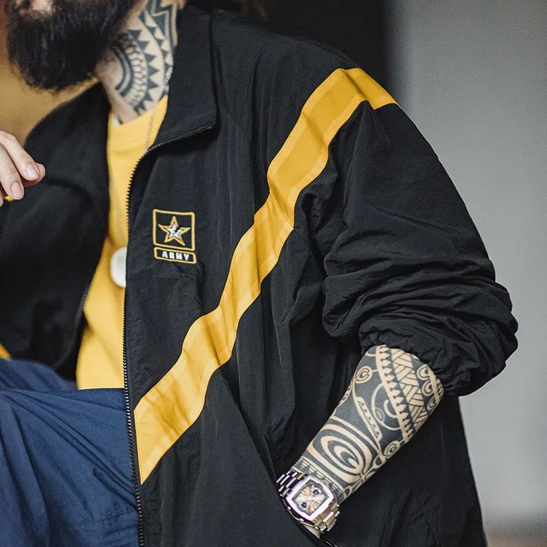 Maden Retro ARMY Training Jacket, IPFU Sports Contrast Loose Stand up Collar Jacket