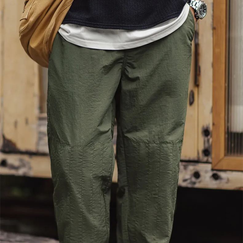 Maden Retro Quilted Fold Double Knee Pants Thin Drawstring Leg Straw Army Green Straight Casual Pants