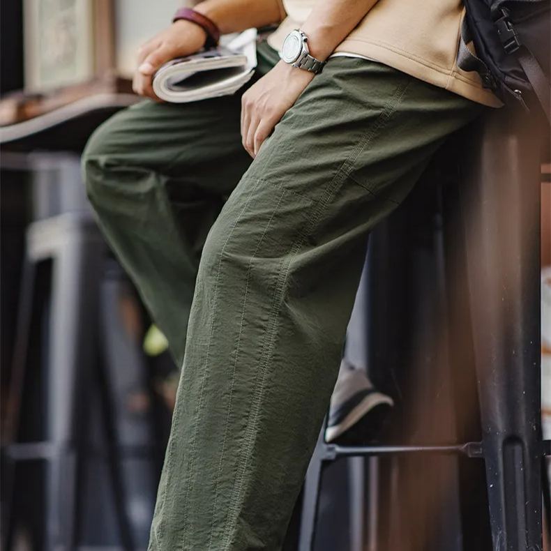 Maden Retro Quilted Fold Double Knee Pants Thin Drawstring Leg Straw Army Green Straight Casual Pants
