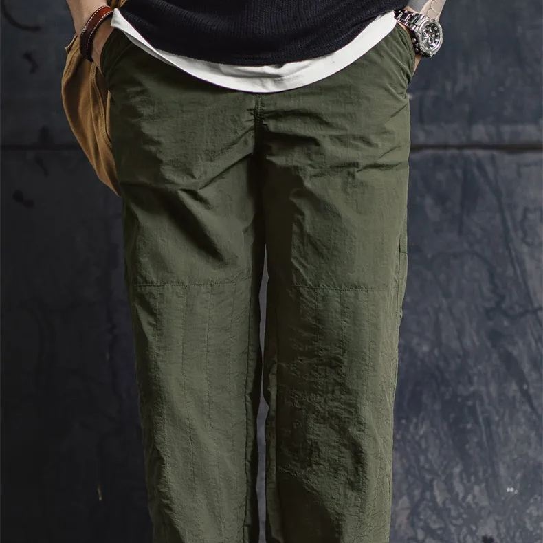 Maden Retro Quilted Fold Double Knee Pants Thin Drawstring Leg Straw Army Green Straight Casual Pants