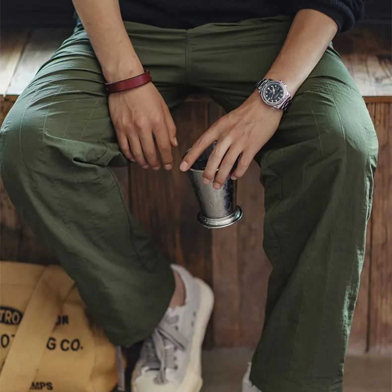 Maden Retro Quilted Fold Double Knee Pants Thin Drawstring Leg Straw Army Green Straight Casual Pants