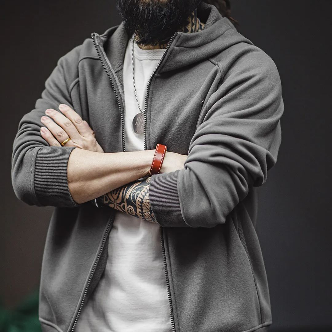 Maden Casual Snowflake Grey Hoodie Heavyweight Plush Zipper Sports Cardigan Coat