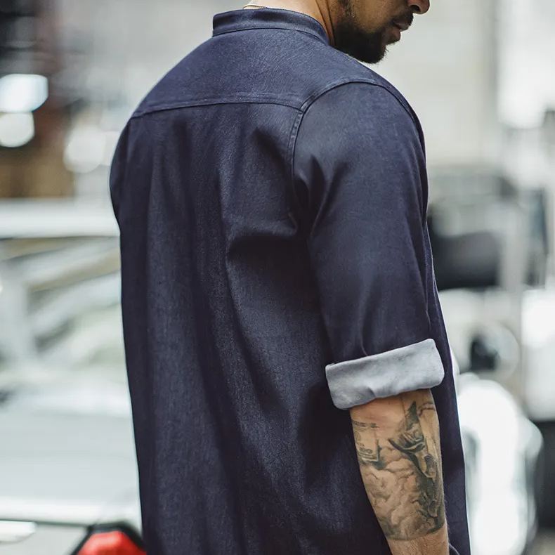 Maden retro cool Ice Silk denim shirt washed round neck casual long sleeved shirt jacket