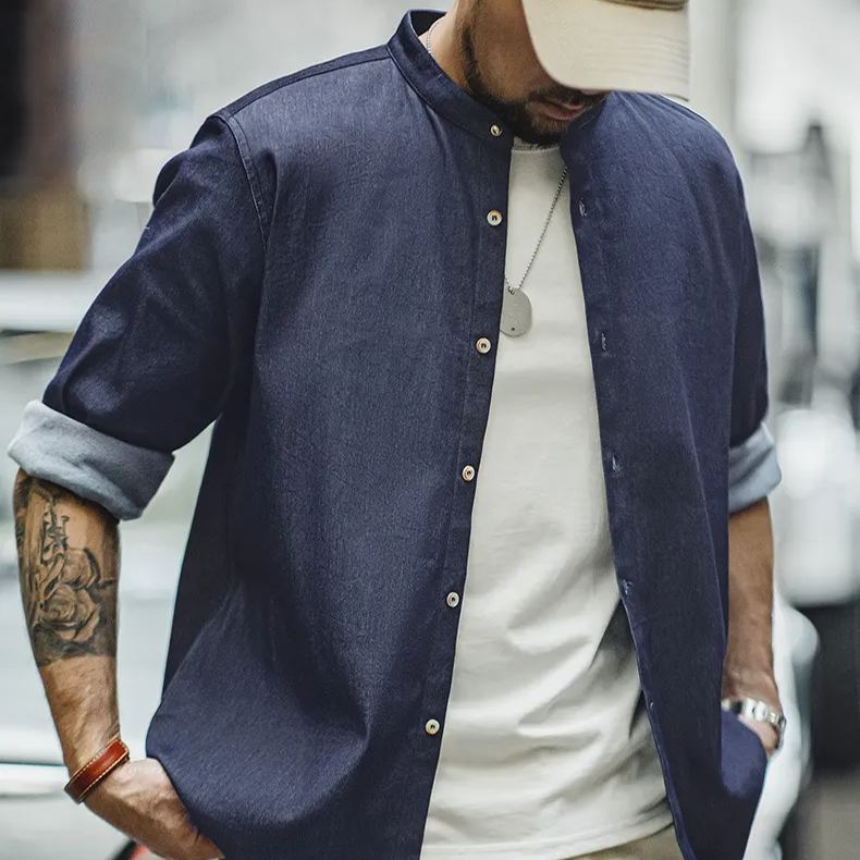 Maden retro cool Ice Silk denim shirt washed round neck casual long sleeved shirt jacket