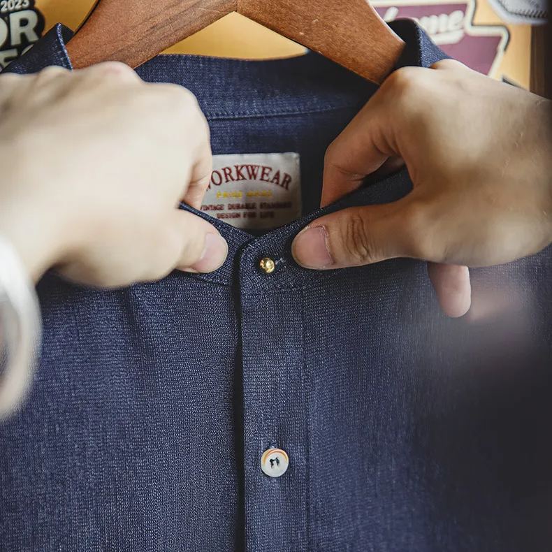 Maden retro cool Ice Silk denim shirt washed round neck casual long sleeved shirt jacket