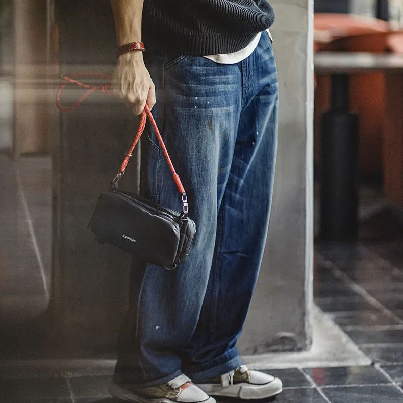 Maden vintage distressed white cat whiskers loose washed denim splashed ink straight leg jeans