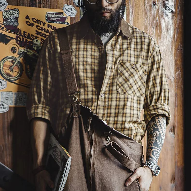 Maden retro Scottish plaid long sleeved shirt with corduroy patchwork lapel plaid shirt