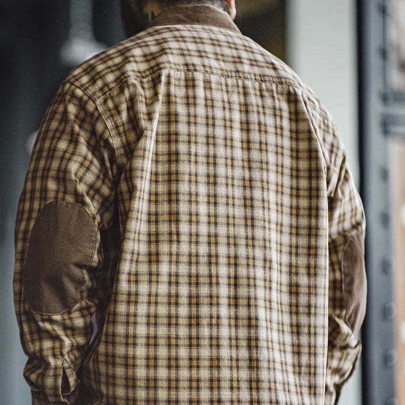 Maden retro Scottish plaid long sleeved shirt with corduroy patchwork lapel plaid shirt