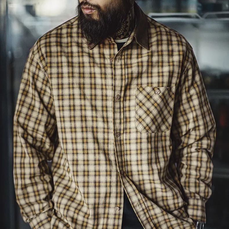 Maden retro Scottish plaid long sleeved shirt with corduroy patchwork lapel plaid shirt