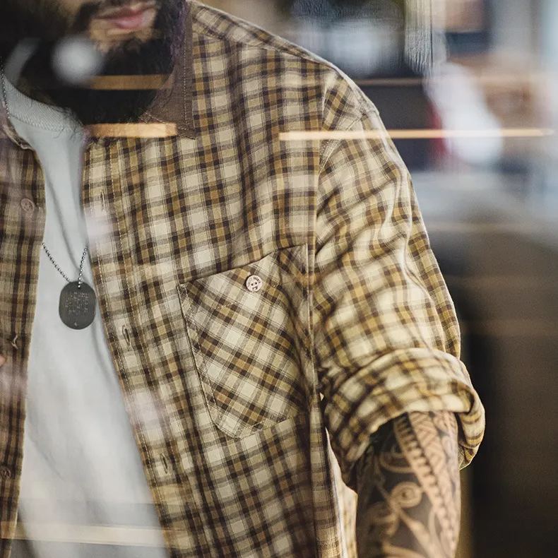 Maden retro Scottish plaid long sleeved shirt with corduroy patchwork lapel plaid shirt