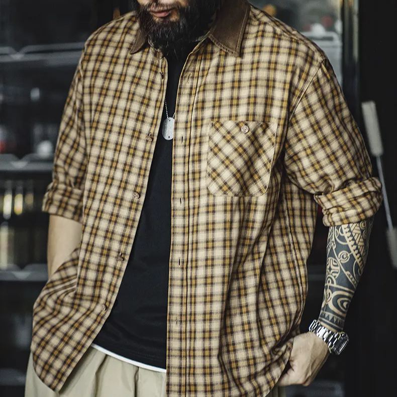 Maden retro Scottish plaid long sleeved shirt with corduroy patchwork lapel plaid shirt