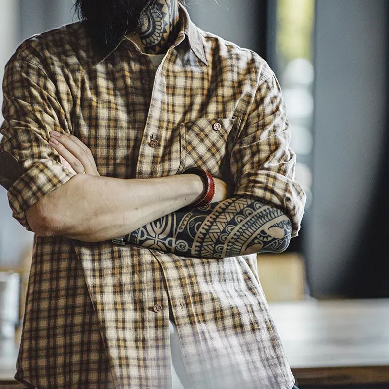 Maden retro Scottish plaid long sleeved shirt with corduroy patchwork lapel plaid shirt