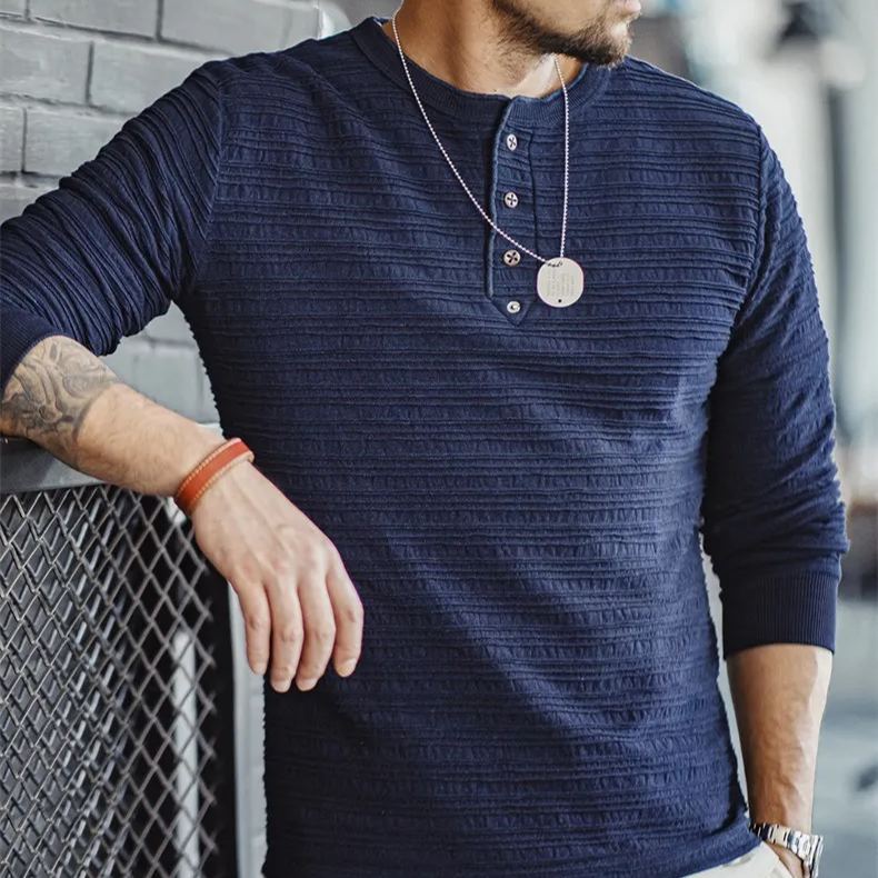 Maden vintage jacquard knit denim Henry shirt vintage tough guy slim fit long sleeved tee