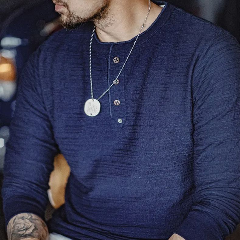 Maden vintage jacquard knit denim Henry shirt vintage tough guy slim fit long sleeved tee