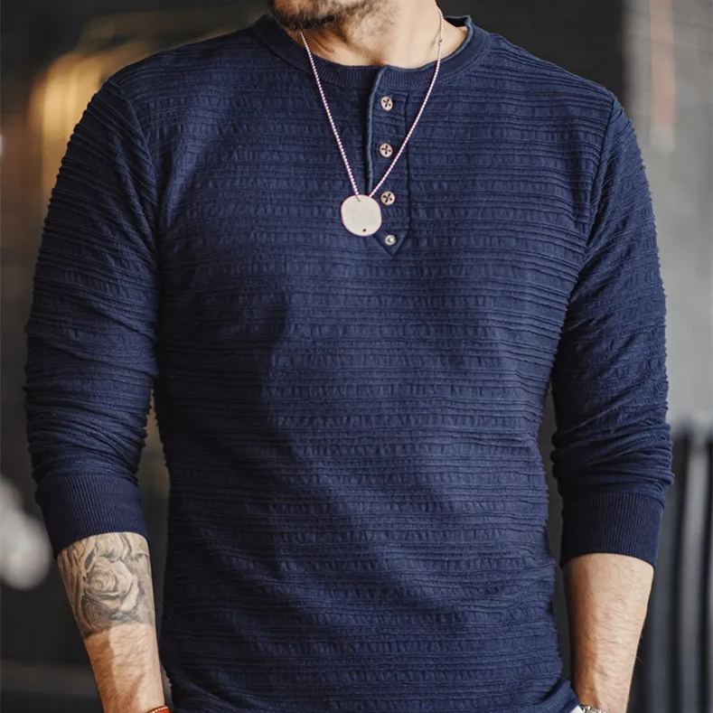 Maden vintage jacquard knit denim Henry shirt vintage tough guy slim fit long sleeved tee