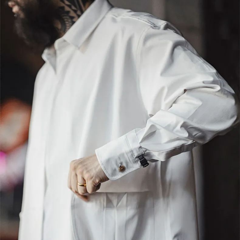 Maden casual herringbone double breasted long sleeved shirt versatile commuting collar white shirt