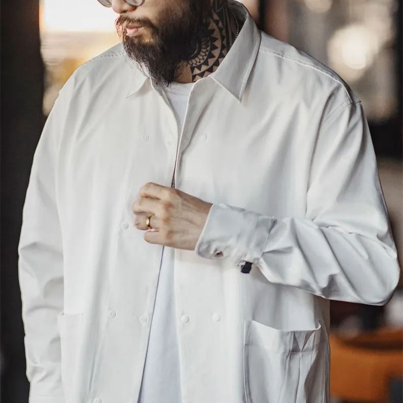 Maden casual herringbone double breasted long sleeved shirt versatile commuting collar white shirt