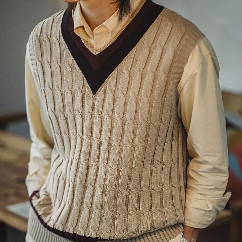 Maden Retro IVY Knitted V-neck Sweater Vest, College Style Contrast Color Twisted Flower Sleeveless Vest