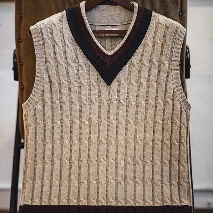 Maden Retro IVY Knitted V-neck Sweater Vest, College Style Contrast Color Twisted Flower Sleeveless Vest