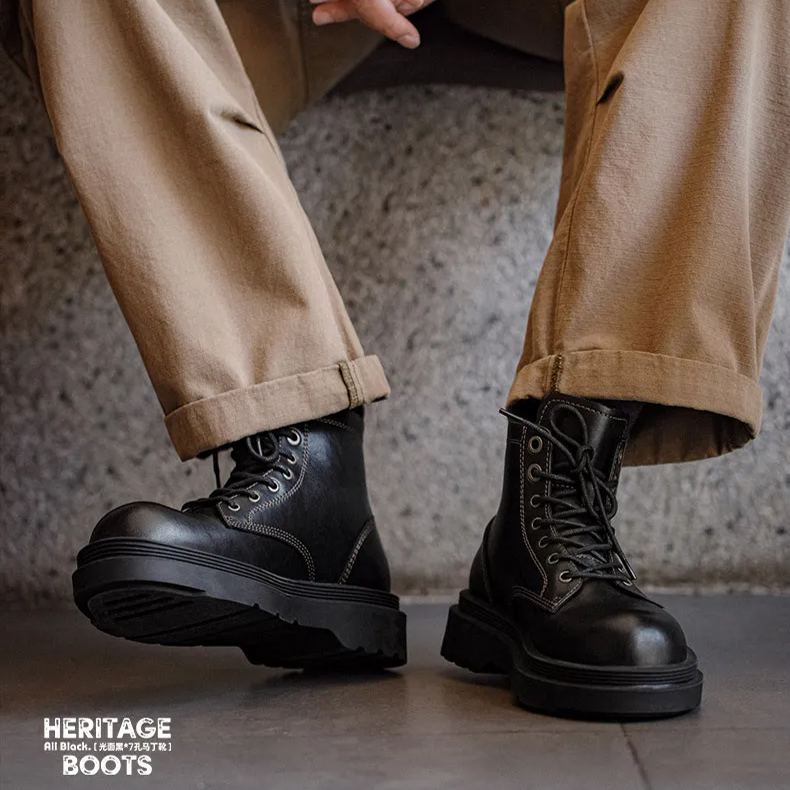 Maden retro workwear boots men's shoes black mid top British style thick soled Block Martin boots