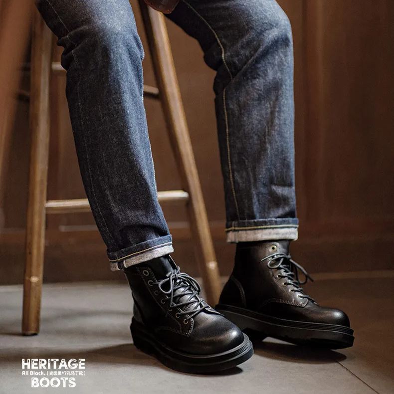 Maden retro workwear boots men's shoes black mid top British style thick soled Block Martin boots