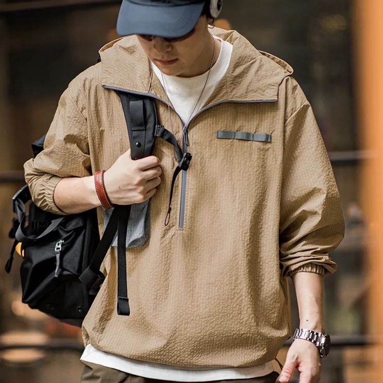 Magen Mountain style outdoor half-zipper pullover loose contrasting color thin hooded jacket