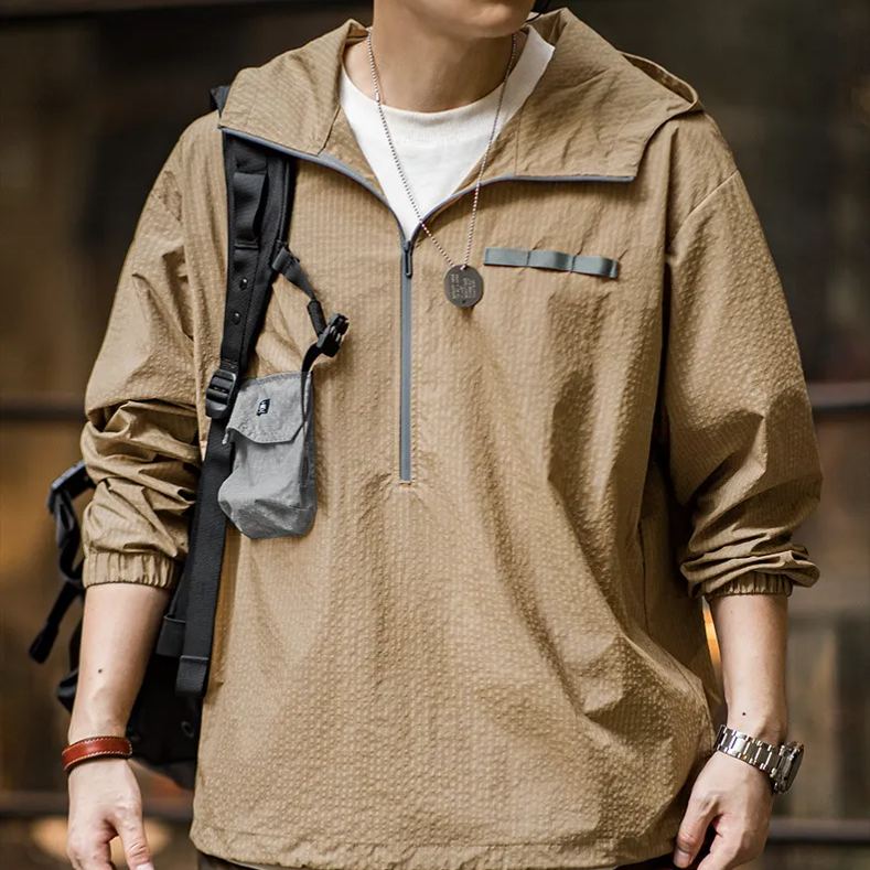 Magen Mountain style outdoor half-zipper pullover loose contrasting color thin hooded jacket