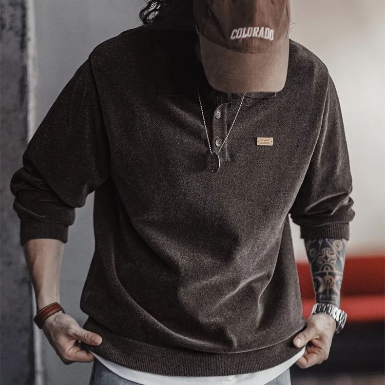 Maden Retro Chenille Half Open Polo Shirt Loose Collar Pullover Long Sleeve T-Shirt