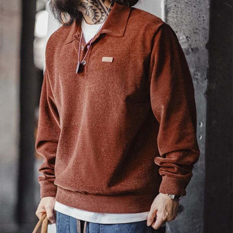 Maden Retro Chenille Half Open Polo Shirt Loose Collar Pullover Long Sleeve T-Shirt